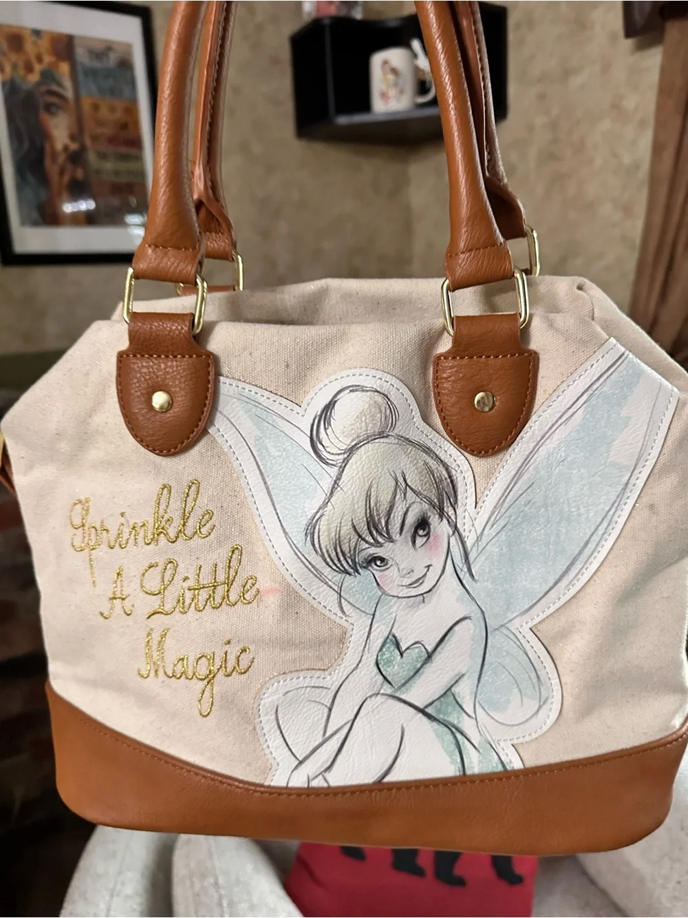 Canvas Tinker Bell Gand Bag with Brown Trim and handle